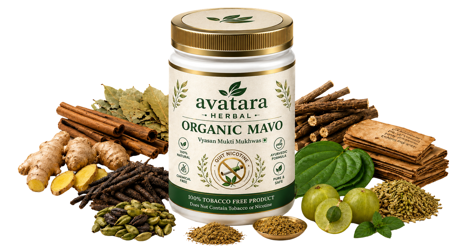 Organic Mavo Jar surrounded by Ayurvedic Herbs